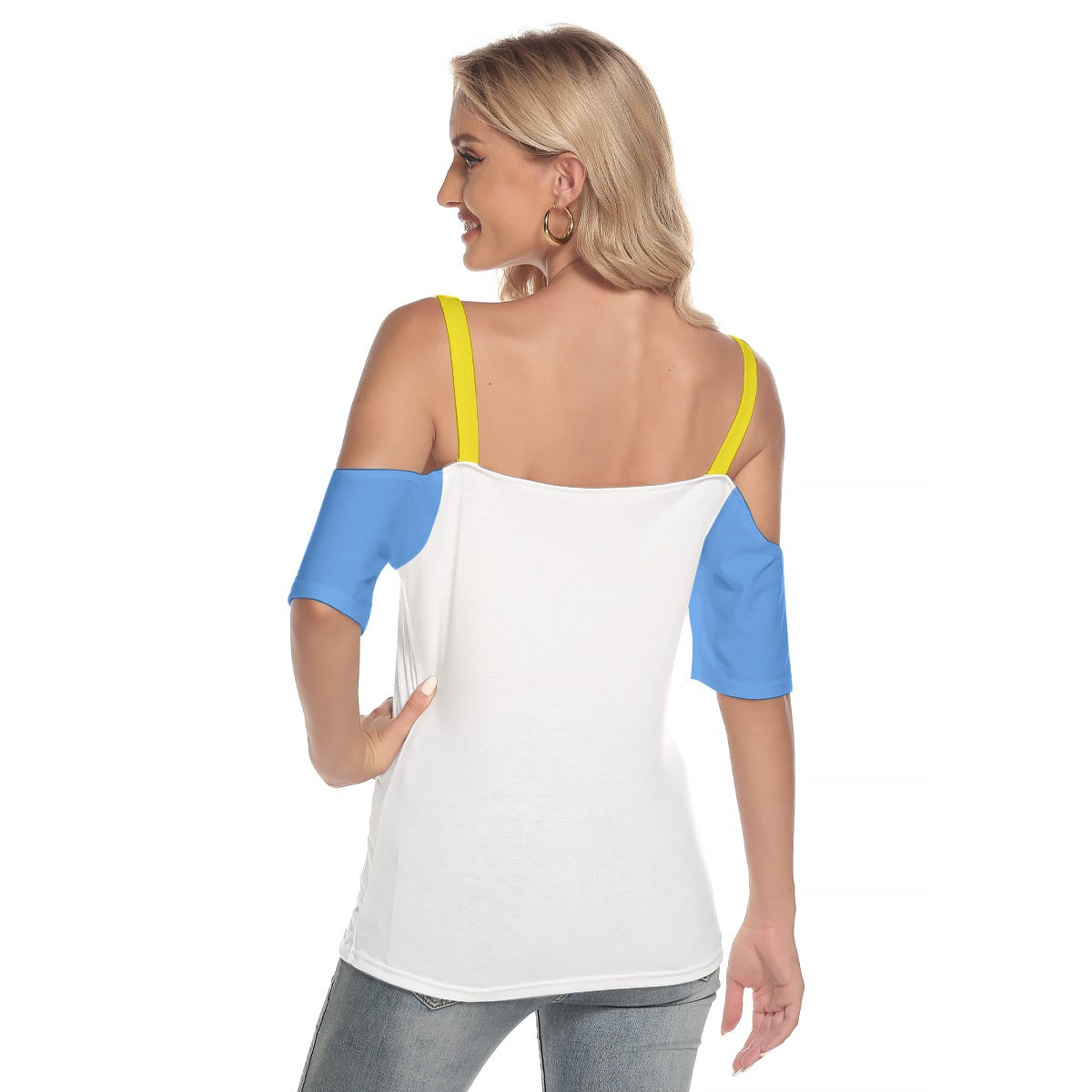 101 Couture Haute Women's Multicolor Mickey & Minnie Cold Shoulder T-shirt with Criss Cross Strips