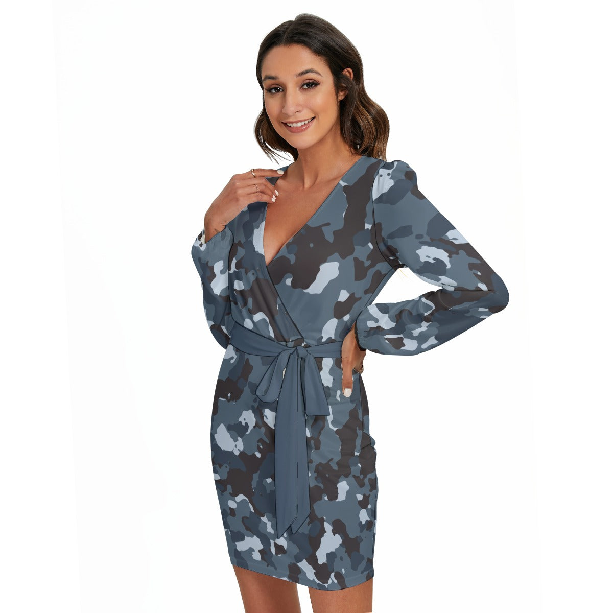 33 Couture Haute Women's Blue Camouflage Long Sleeve Dress With Waist Belt
