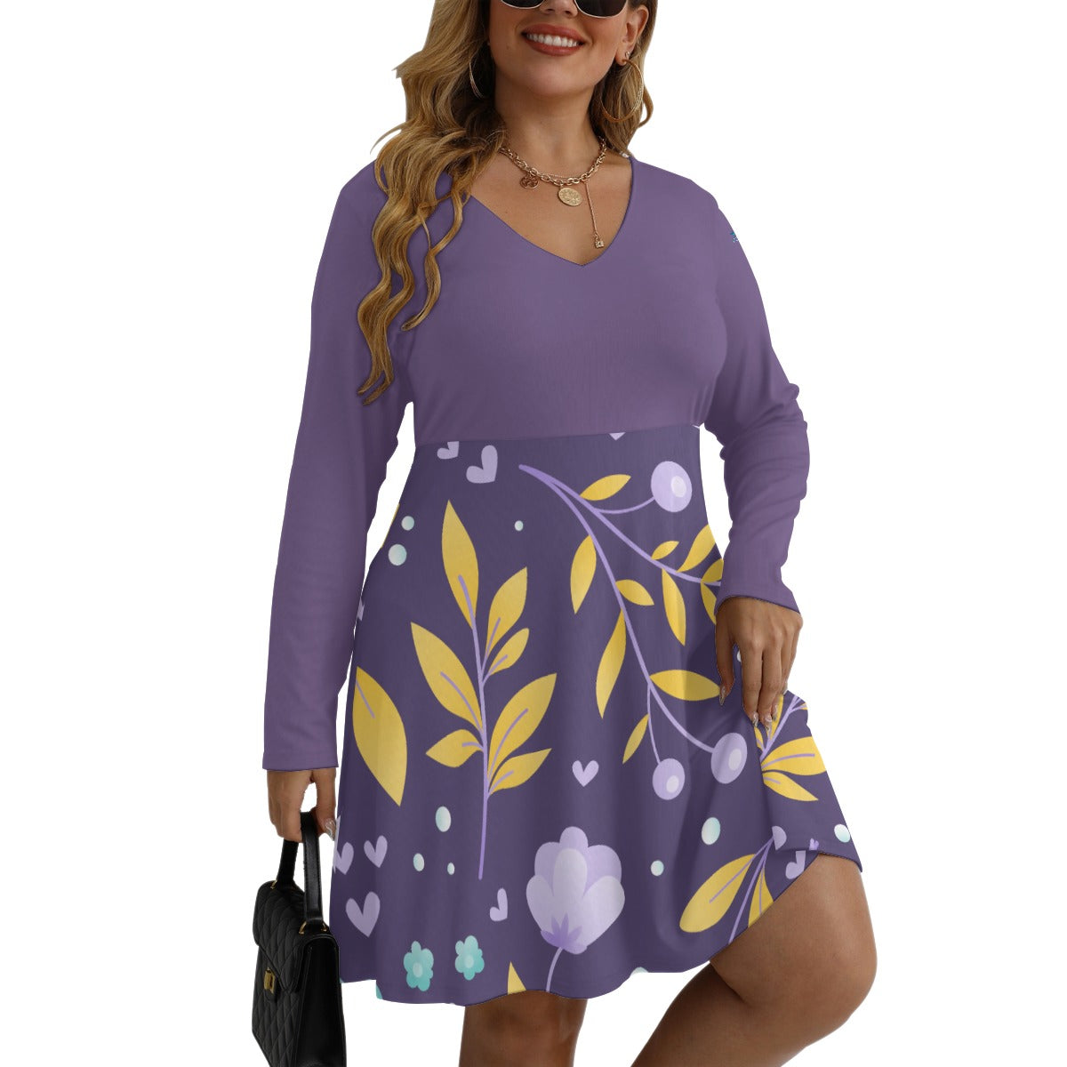42 Couture Haute Women's Purple Floral V-neck Long Sleeve Dress (Plus Size)