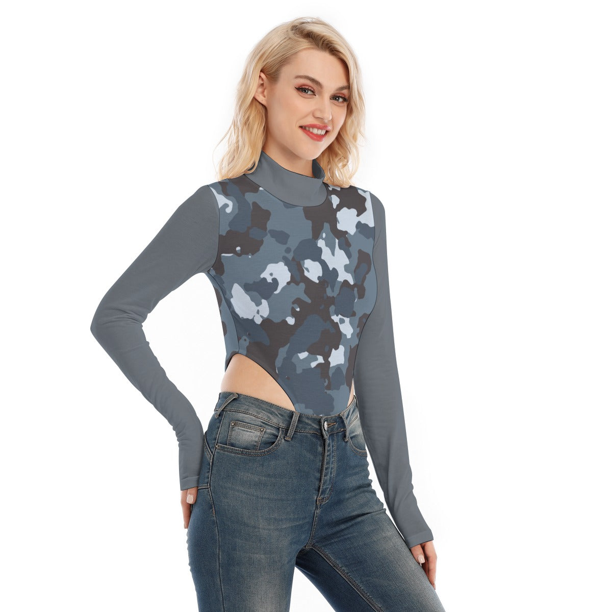 56 Couture Haute Women's Blue Camoufladge Turtleneck Long Sleeve Jumpsuits