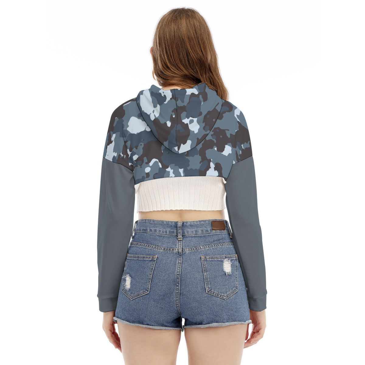 36 Couture Haute Women's Blue Camouflage Smock Short Hoodie With Long Sleeve
