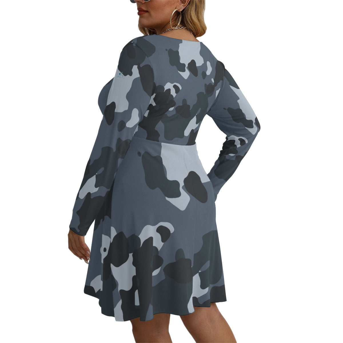 78 Couture Haute Women's Blue Camouflage V-neck Long Sleeve Dress (Plus Size)