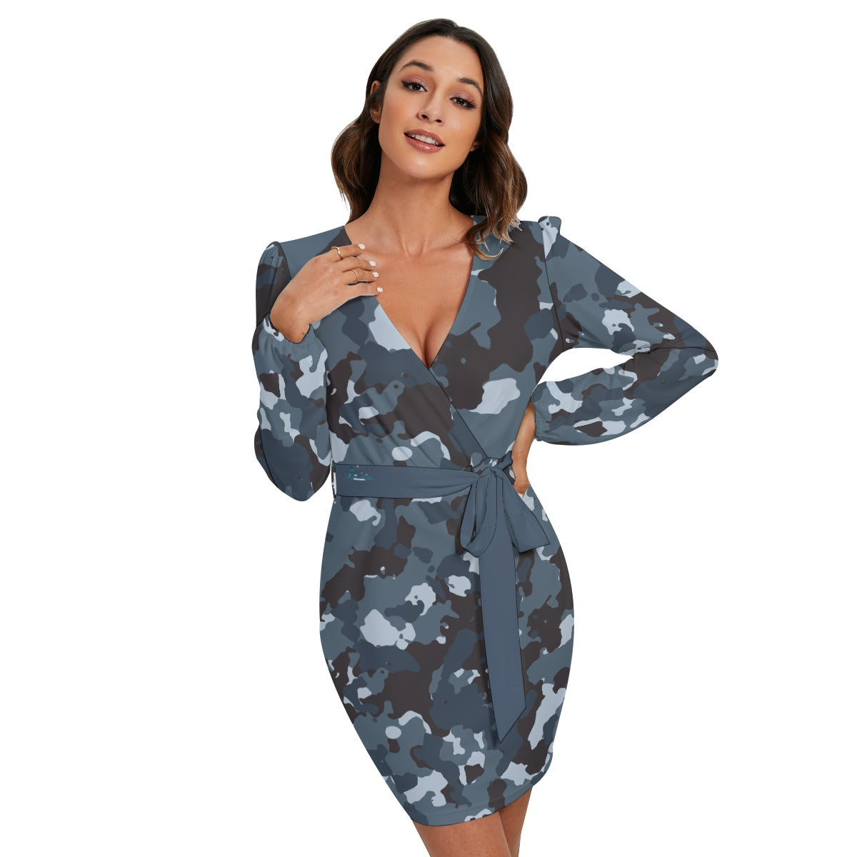 33 Couture Haute Women's Blue Camouflage Long Sleeve Dress With Waist Belt