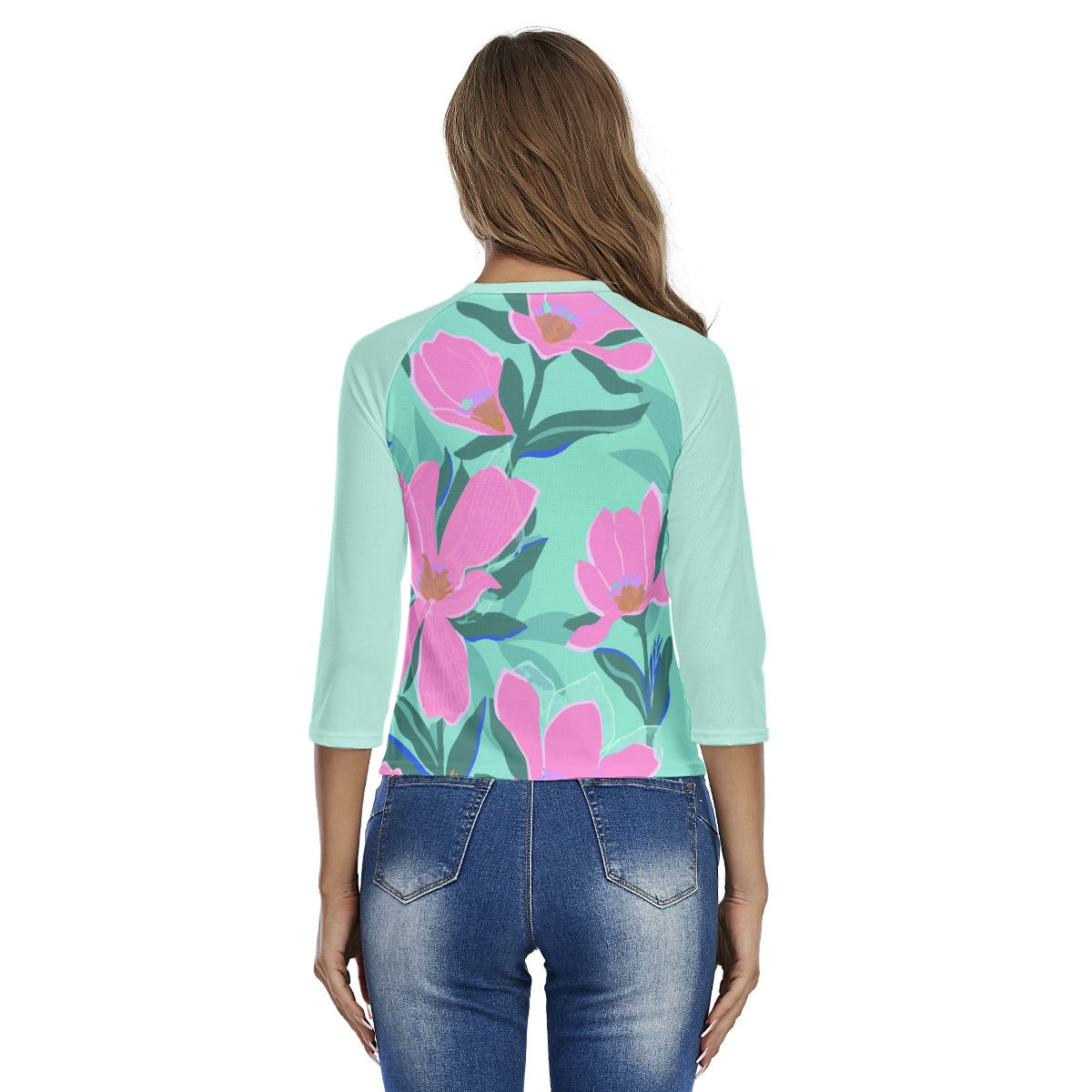 73 Couture Haute Women's Turquoise Floral Raglan Sleeves T-shirts