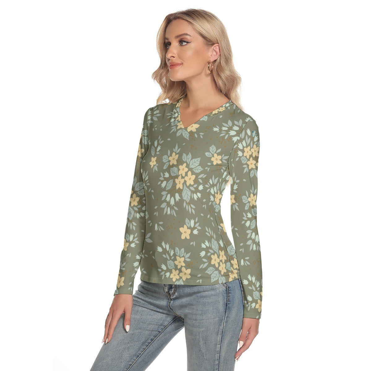 54 Couture Haute Women's Green Floral V-Neck Long Sleeves T-Shirt