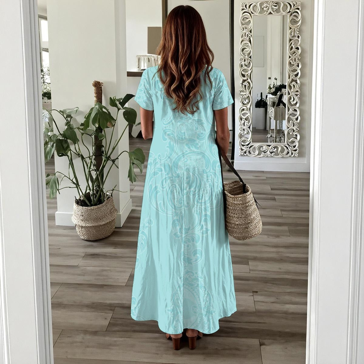 118 Couture Haute Branded Women's Printed Teal Long Dress