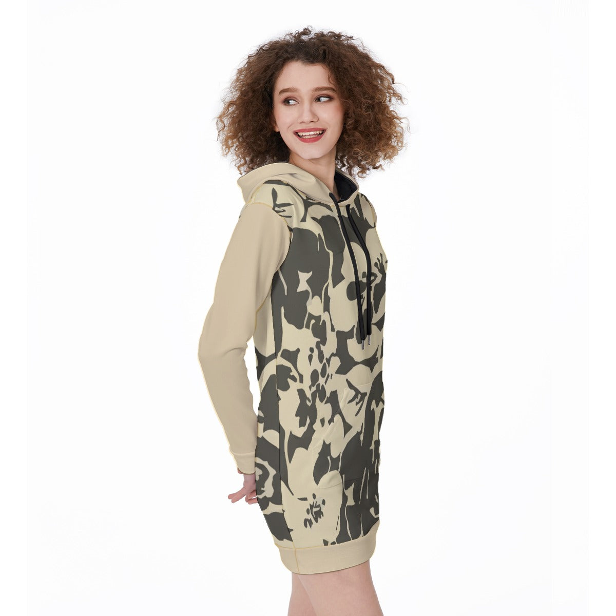 82 Couture Haute Women's Beige Black Floral Long Hoodie