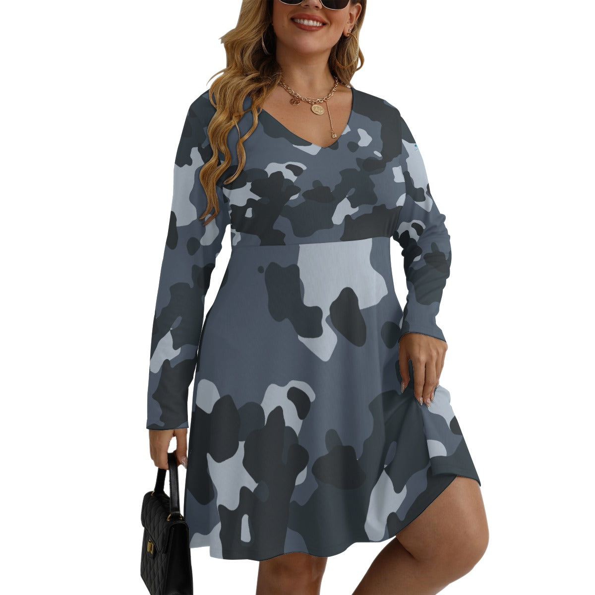 78 Couture Haute Women's Blue Camouflage V-neck Long Sleeve Dress (Plus Size)