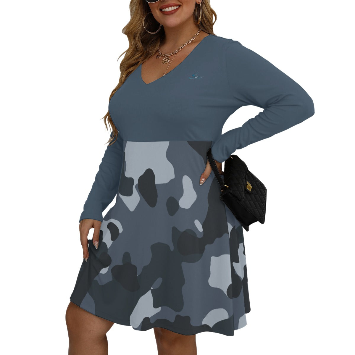 79 Couture Haute Women's Blue Camouflage V-neck Long Sleeve Dress (Plus Size)