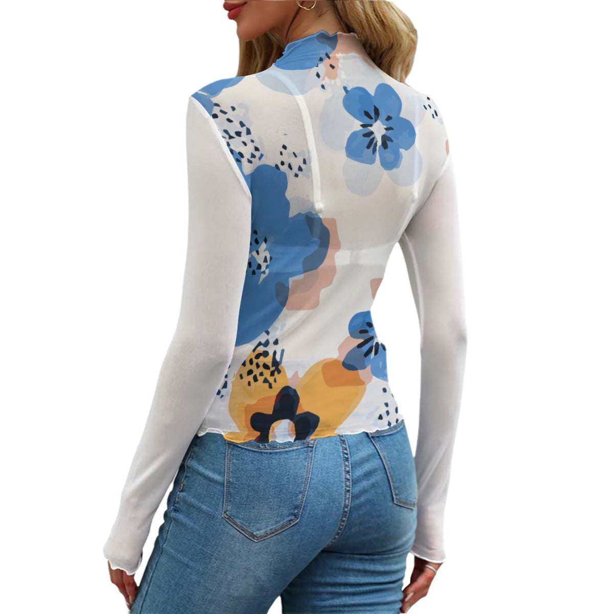 116 Couture Haute Branded Women's Blue Floral Mesh T-shirt
