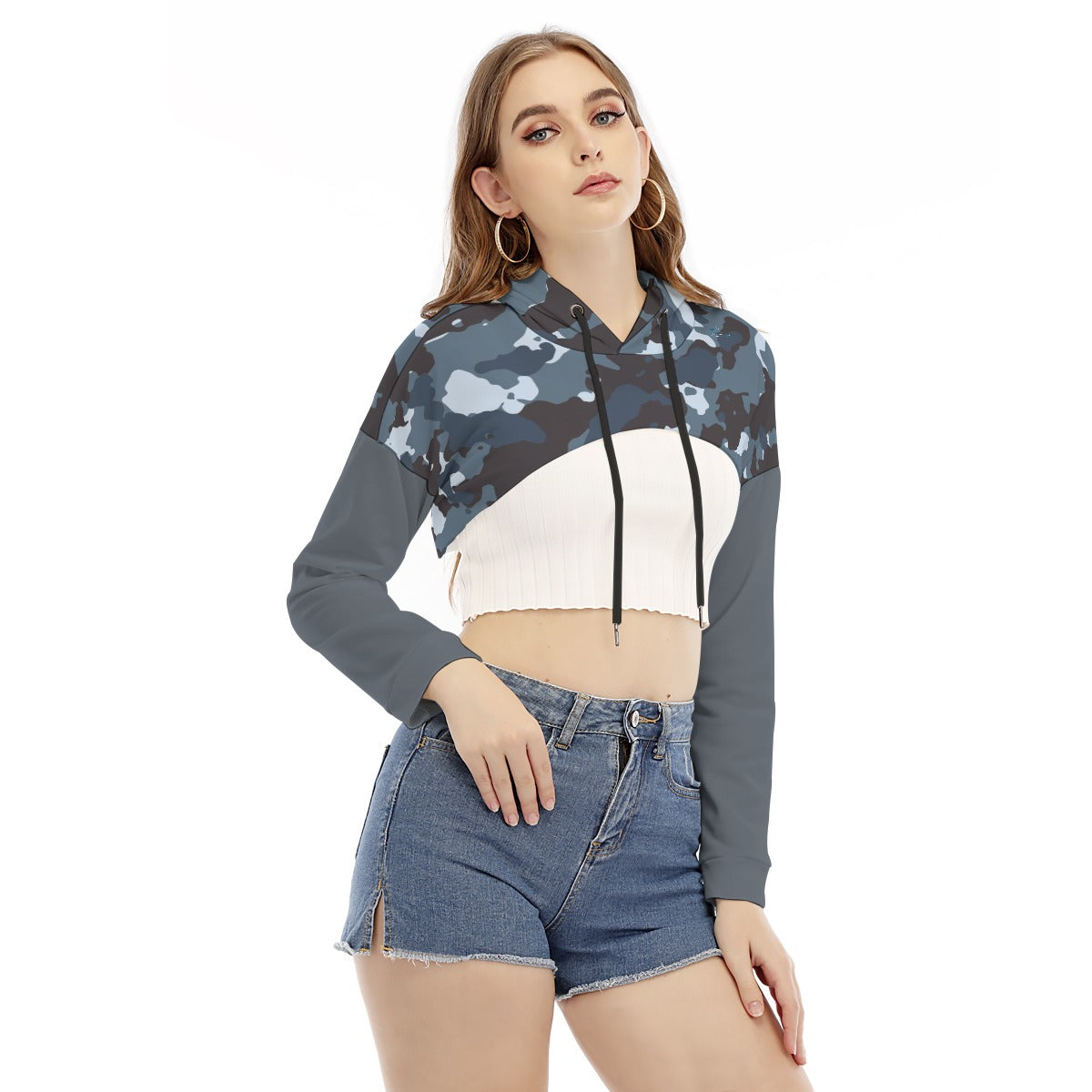 36 Couture Haute Women's Blue Camouflage Smock Short Hoodie With Long Sleeve