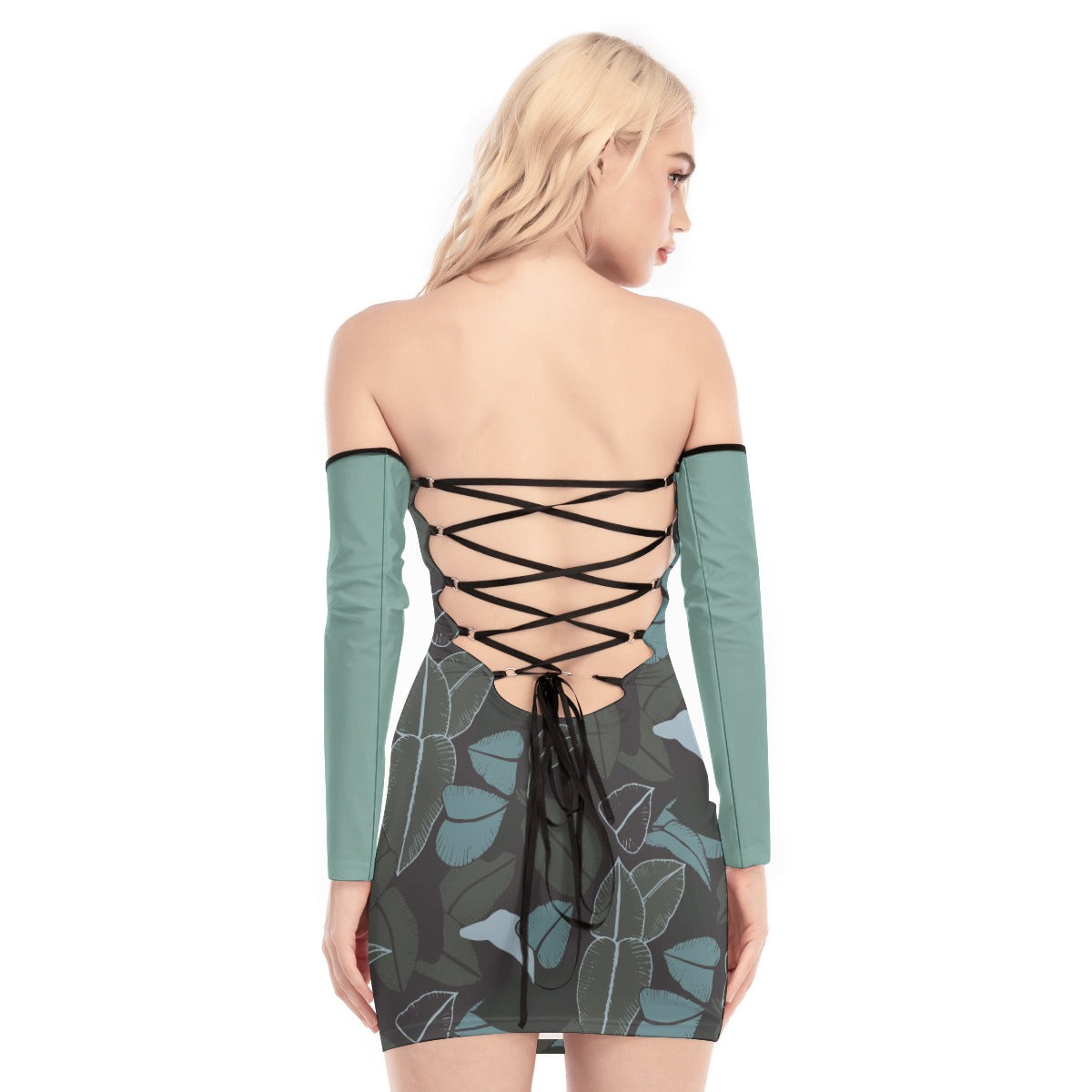 31 Couture Haute Women's Leaf Pattern Off-shoulder Back Lace-up Dress