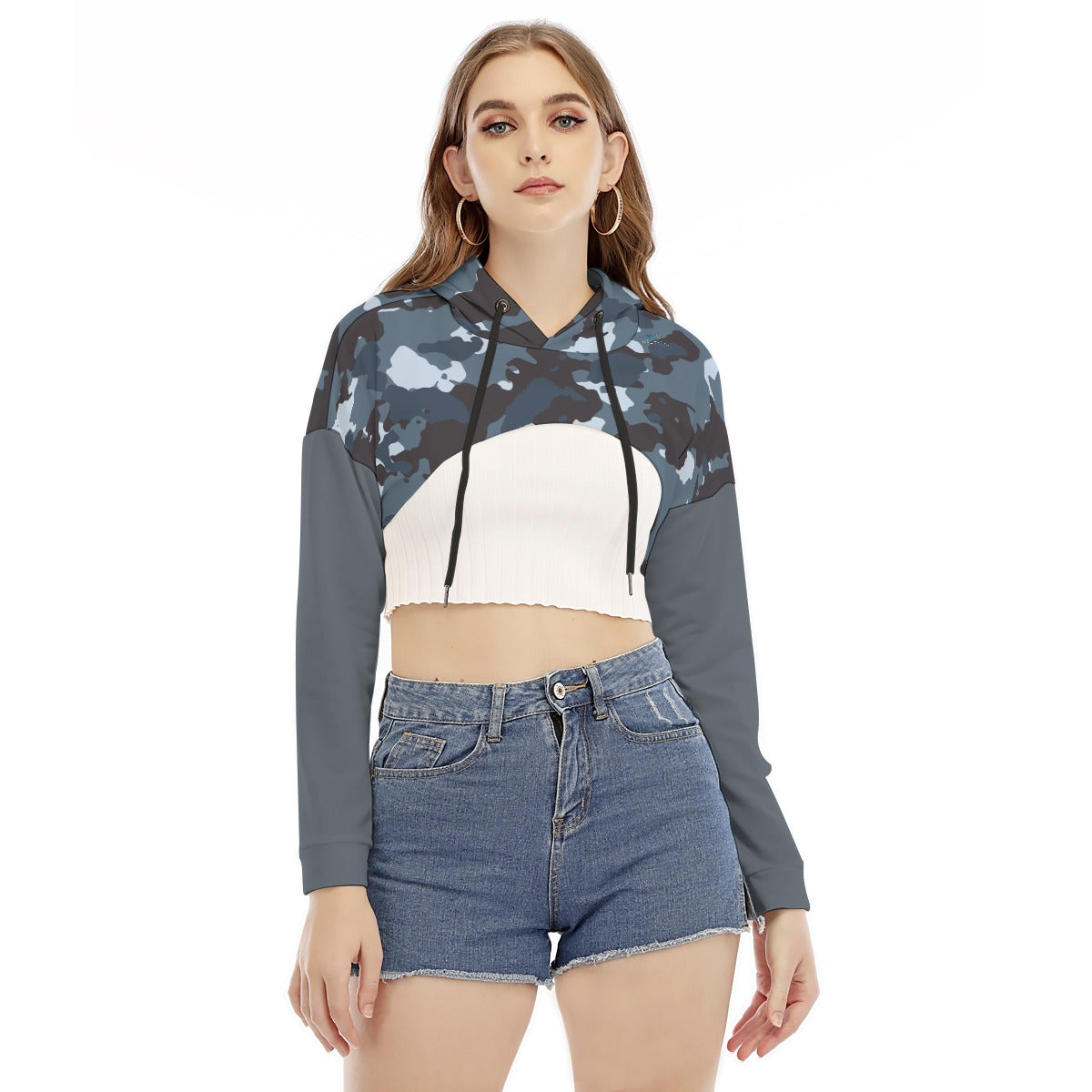 36 Couture Haute Women's Blue Camouflage Smock Short Hoodie With Long Sleeve