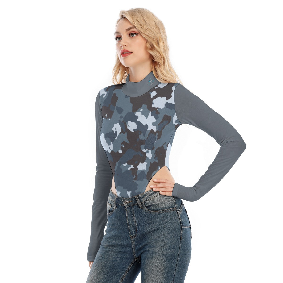 56 Couture Haute Women's Blue Camoufladge Turtleneck Long Sleeve Jumpsuits