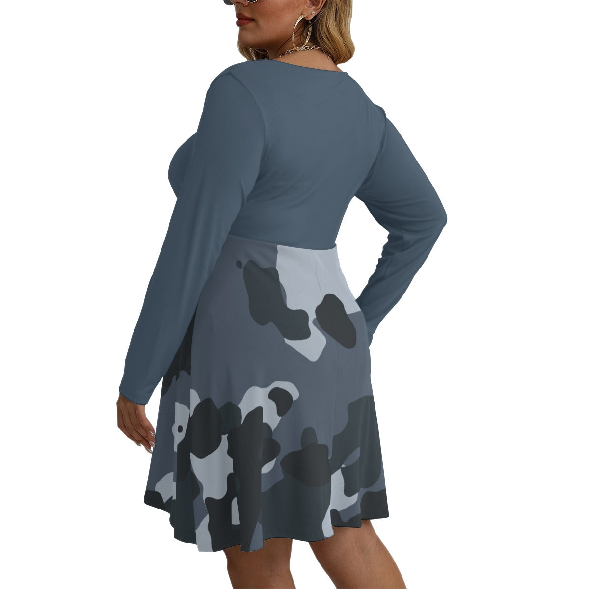 79 Couture Haute Women's Blue Camouflage V-neck Long Sleeve Dress (Plus Size)