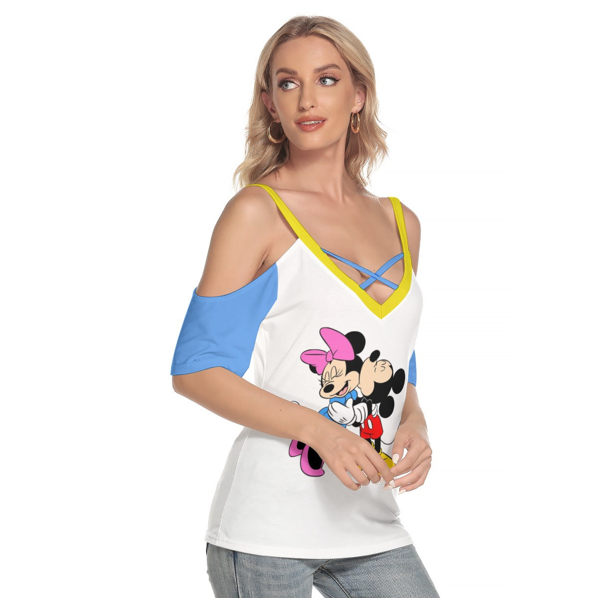 101 Couture Haute Women's Multicolor Mickey & Minnie Cold Shoulder T-shirt with Criss Cross Strips