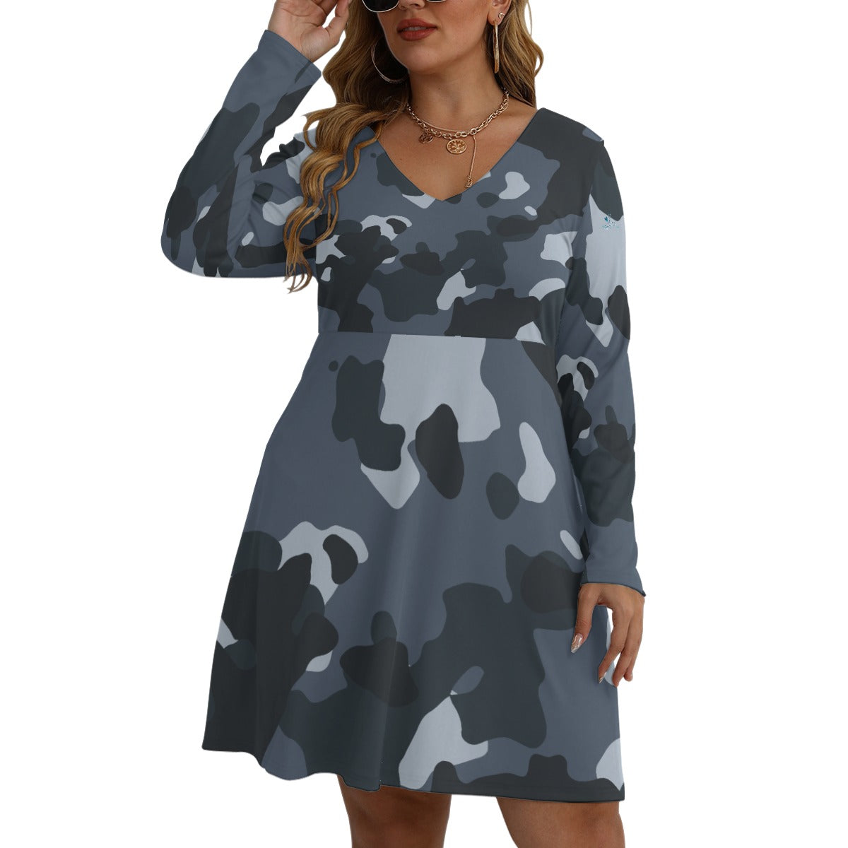 78 Couture Haute Women's Blue Camouflage V-neck Long Sleeve Dress (Plus Size)