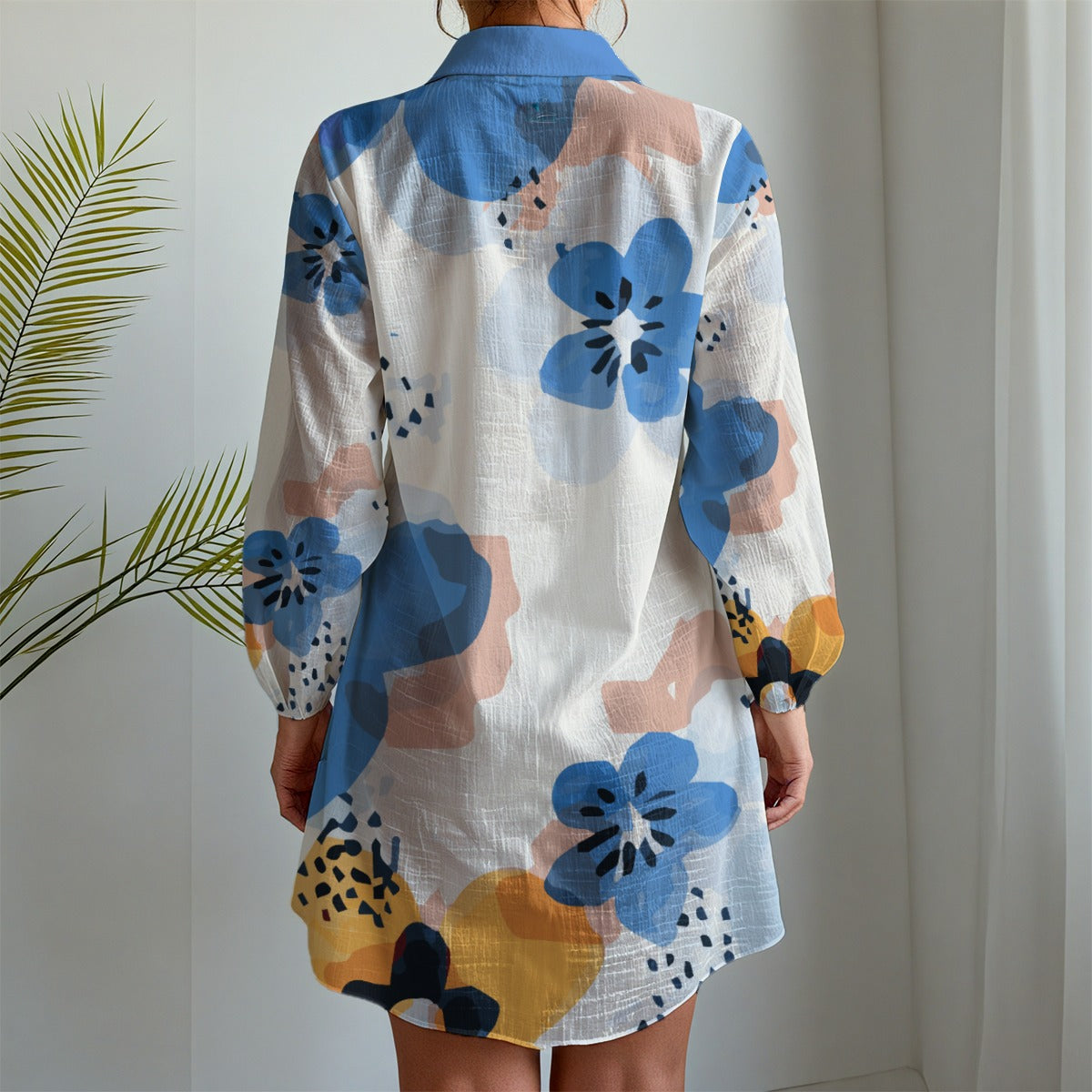 127 Couture Haute Women's Blue Floral Long Sleeve Shirt Dress