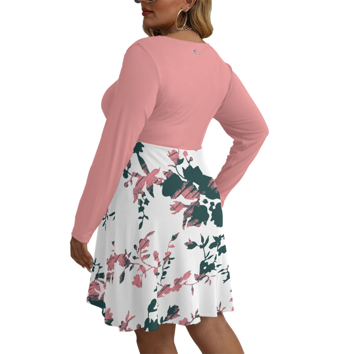 30 Couture Haute Women's Pink Floral V-neck Long Sleeve Dress(Plus Size)
