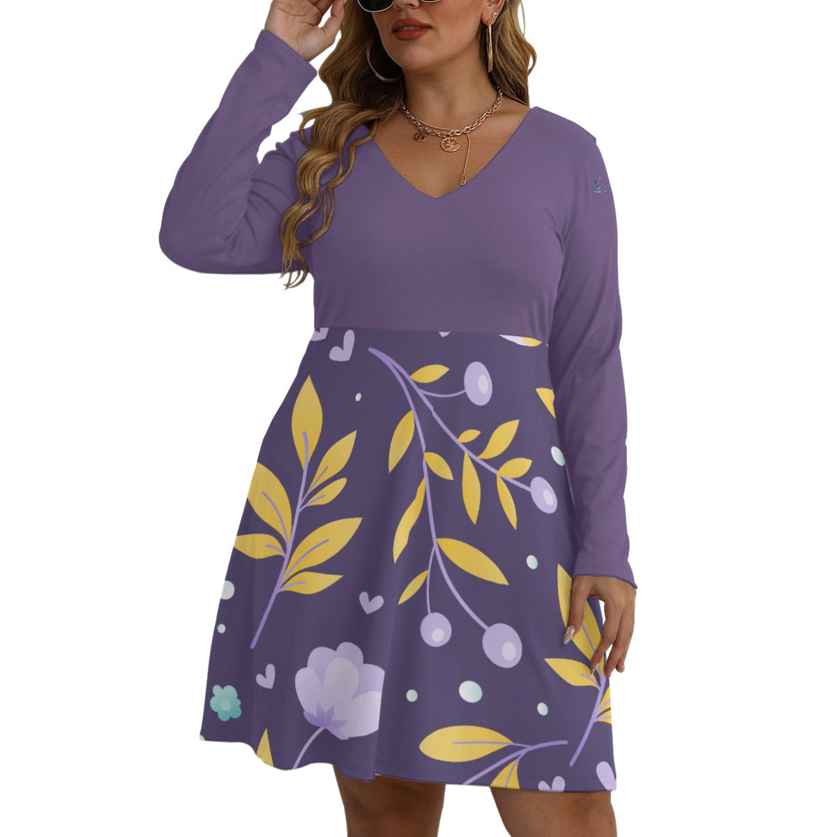 42 Couture Haute Women's Purple Floral V-neck Long Sleeve Dress (Plus Size)