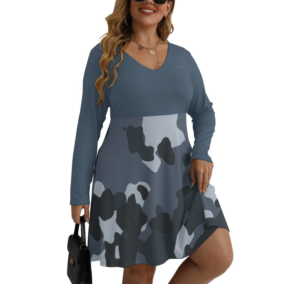 79 Couture Haute Women's Blue Camouflage V-neck Long Sleeve Dress (Plus Size)