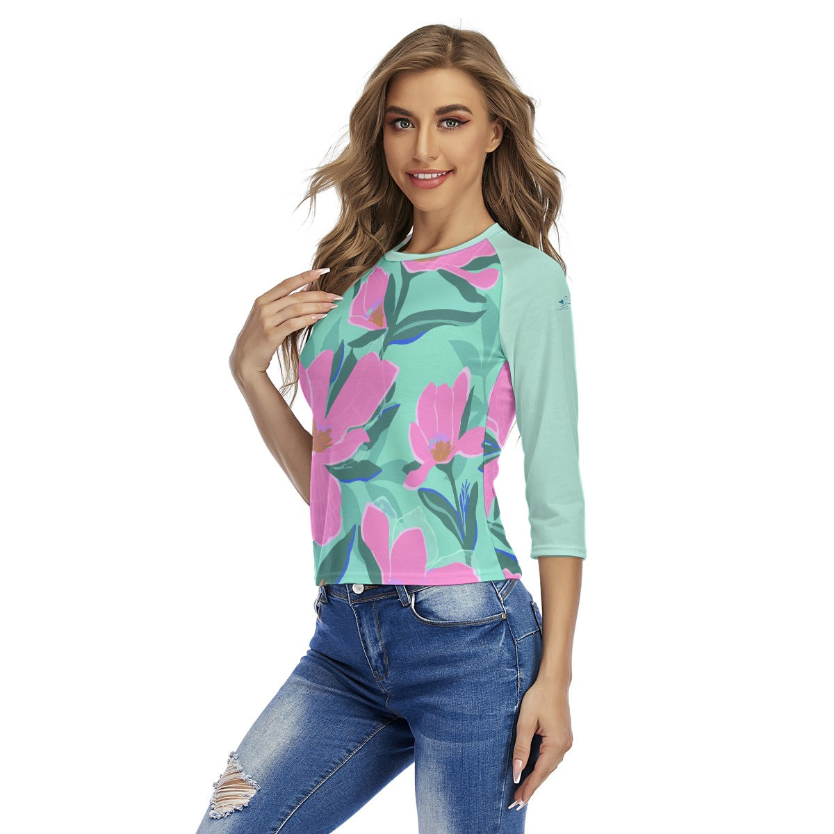 73 Couture Haute Women's Turquoise Floral Raglan Sleeves T-shirts