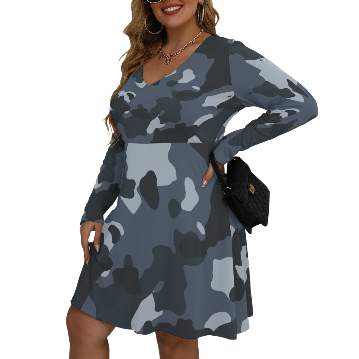 78 Couture Haute Women's Blue Camouflage V-neck Long Sleeve Dress (Plus Size)