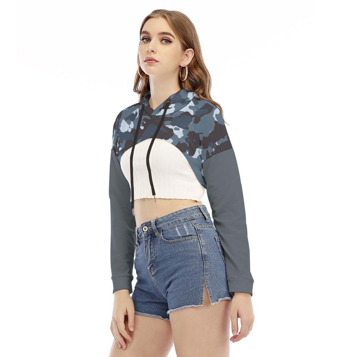 36 Couture Haute Women's Blue Camouflage Smock Short Hoodie With Long Sleeve