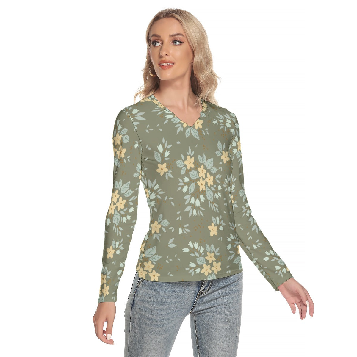 54 Couture Haute Women's Green Floral V-Neck Long Sleeves T-Shirt