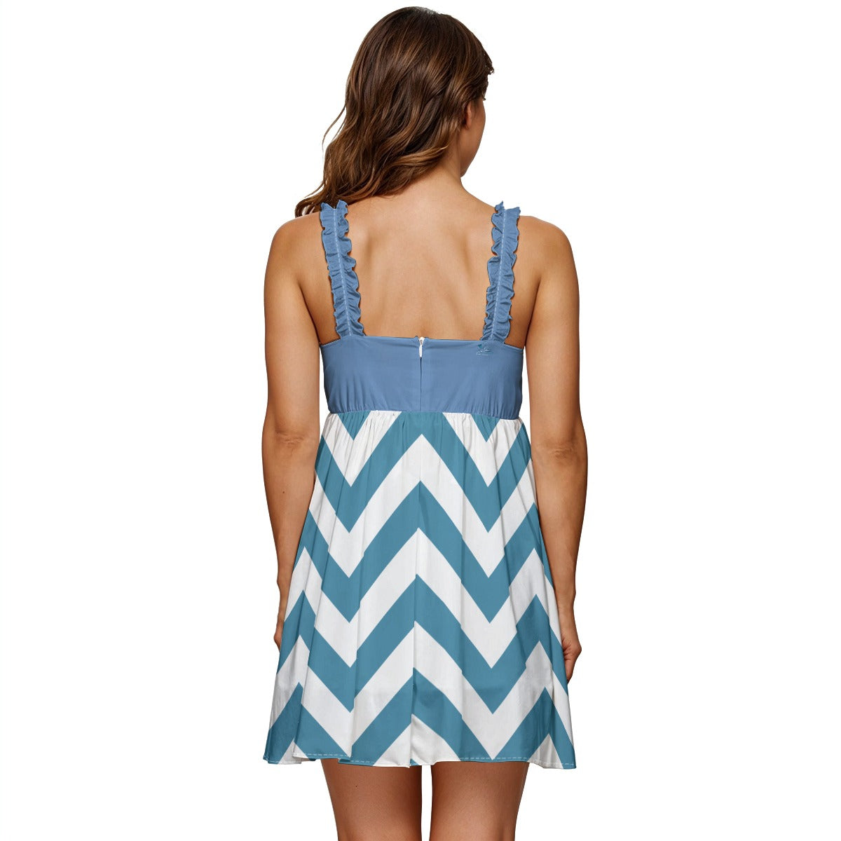 117 Couture Haute Branded Women's Blue Chevron Ruffle Strap Mini Dress