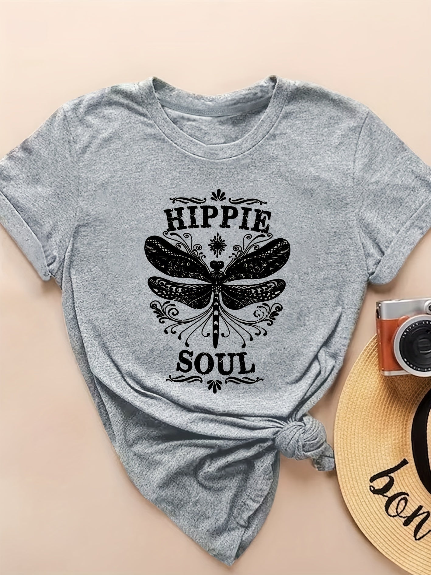 17 Women's Short Sleeve T-Shirt With 'Hippie Soul' Dragonfly Print, Vintage Style Round Neck