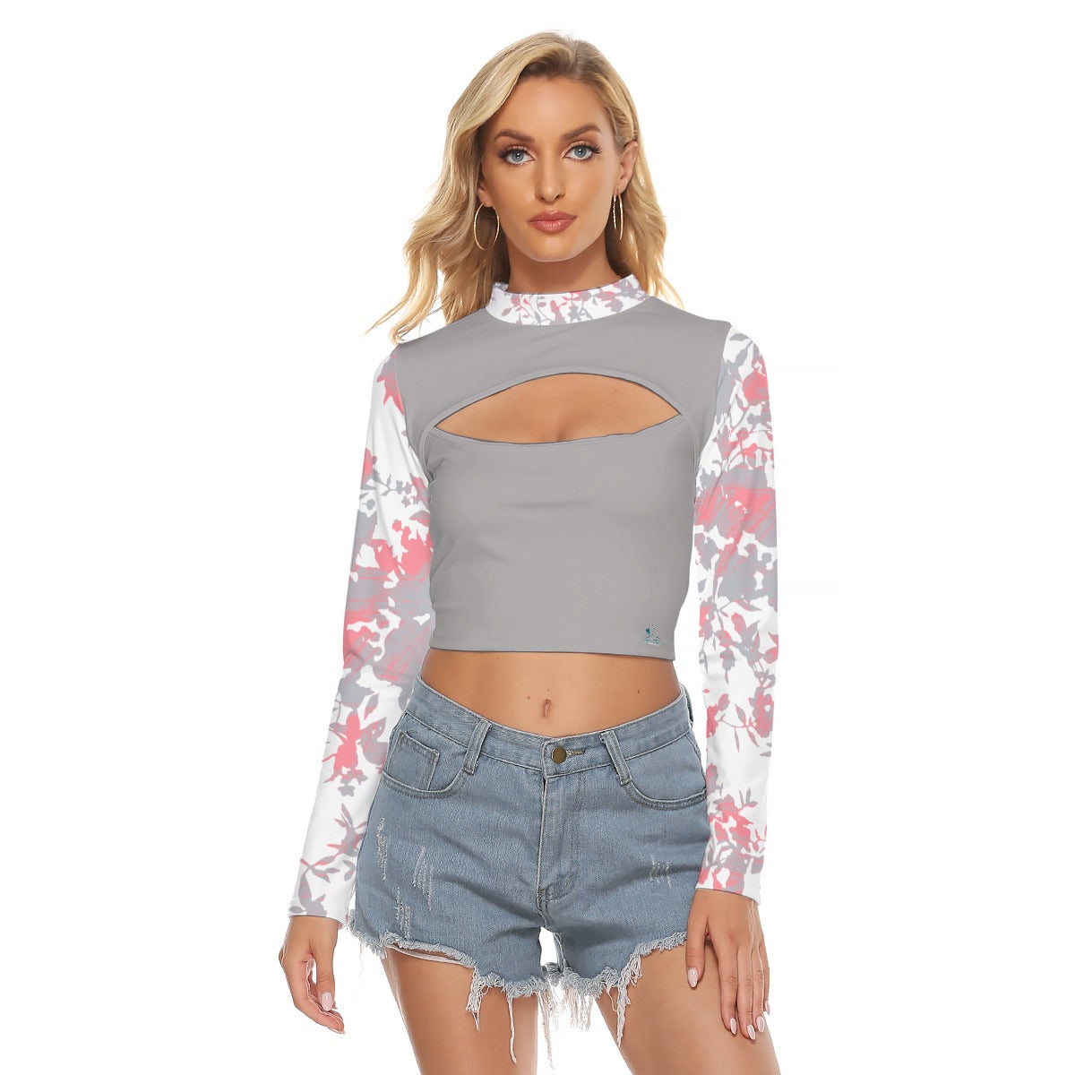 21 Couture Haute Women's Grey Pink Print Hollow Chest Keyhole Tight Crop Top