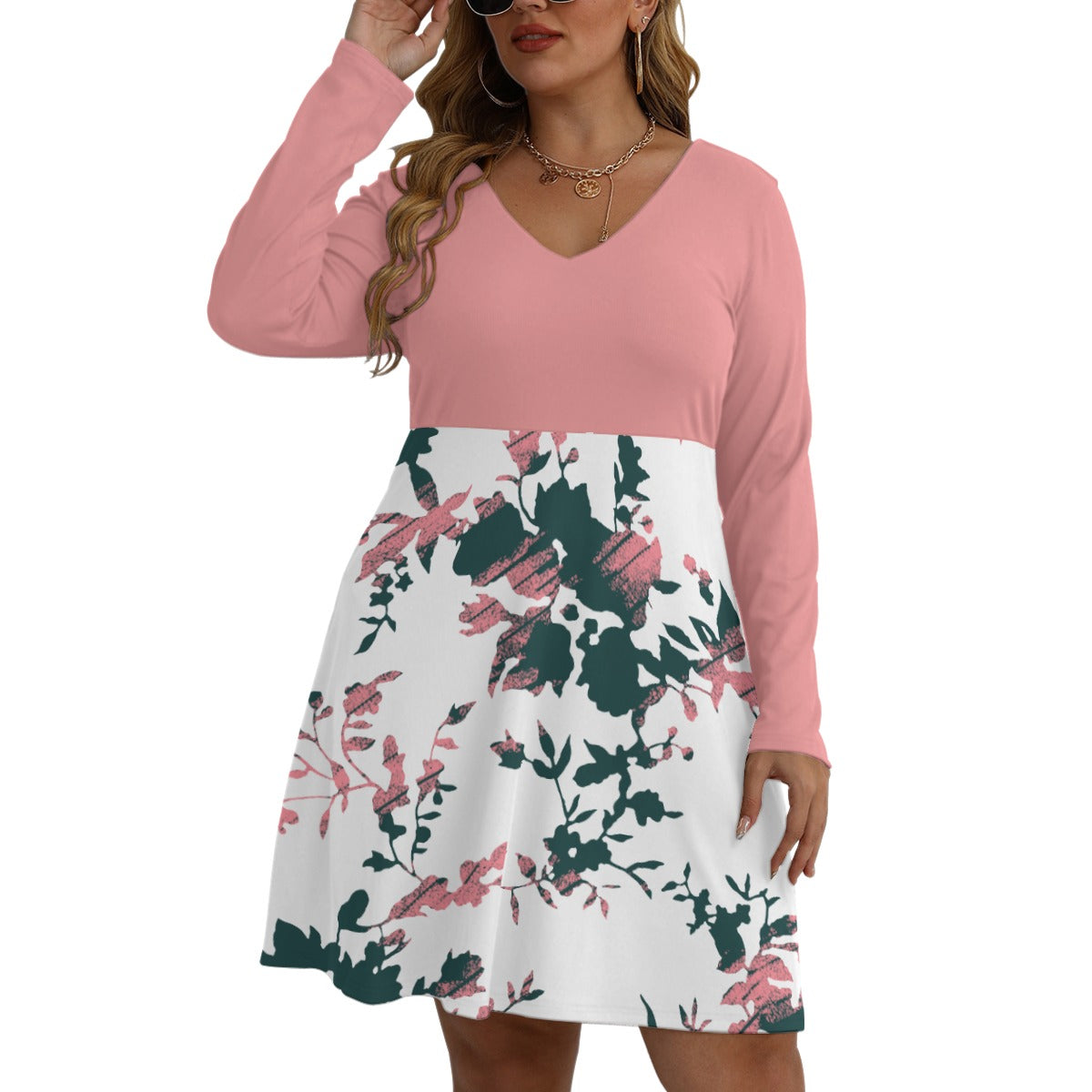 30 Couture Haute Women's Pink Floral V-neck Long Sleeve Dress(Plus Size)