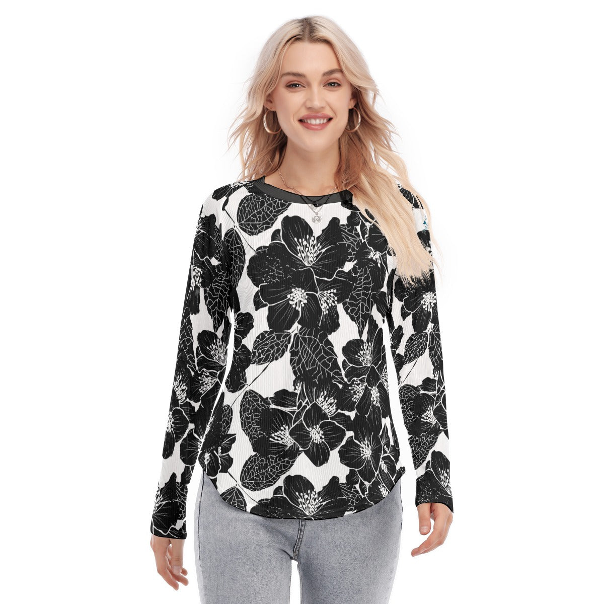 78 Couture Haute Women's Black Floral Raglan Sleeves U-Shaped Hem Long Sleeves Blouse