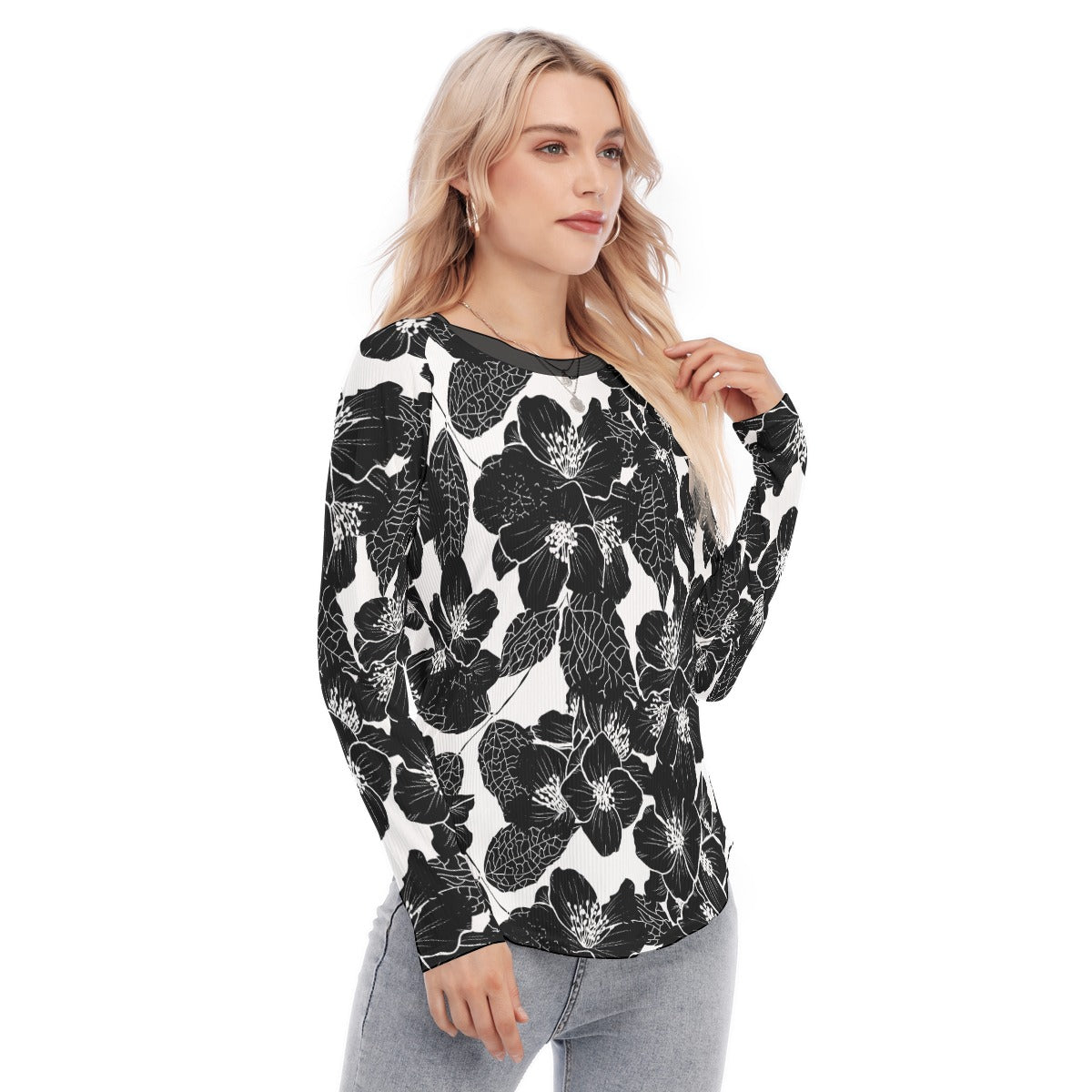 78 Couture Haute Women's Black Floral Raglan Sleeves U-Shaped Hem Long Sleeves Blouse