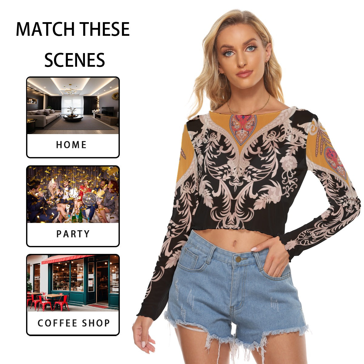 121 Couture Haute Brand Women's Multicolor Designer Mesh Long Sleeves T-shirt