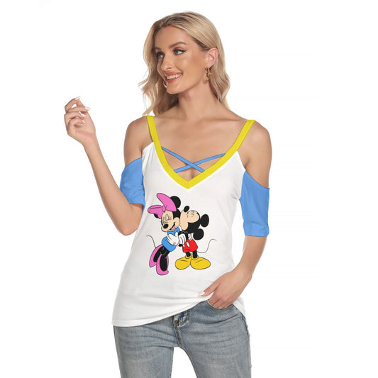 101 Couture Haute Women's Multicolor Mickey & Minnie Cold Shoulder T-shirt with Criss Cross Strips