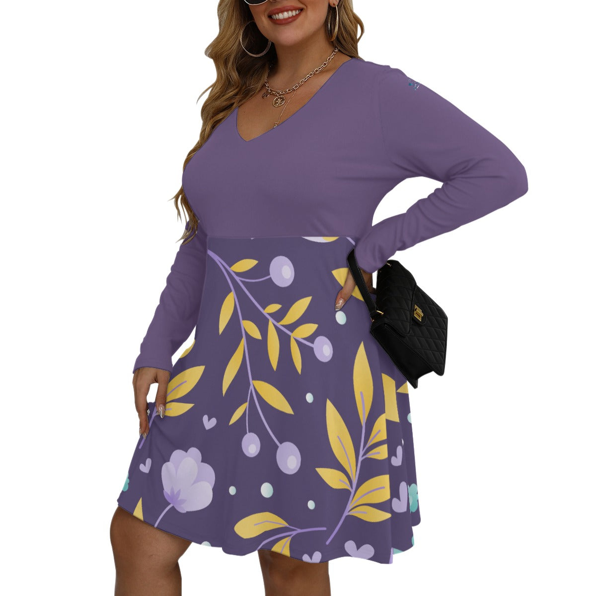 42 Couture Haute Women's Purple Floral V-neck Long Sleeve Dress (Plus Size)