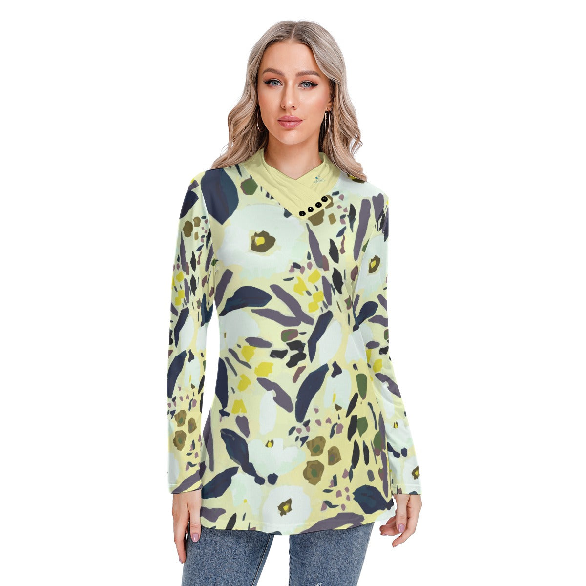 123 Couture Haute Branded Women's Multicolor Long-sleeved Heap-neck Slim Tunic Blouse