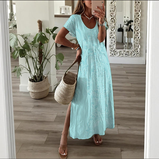 118 Couture Haute Branded Women's Printed Teal Long Dress