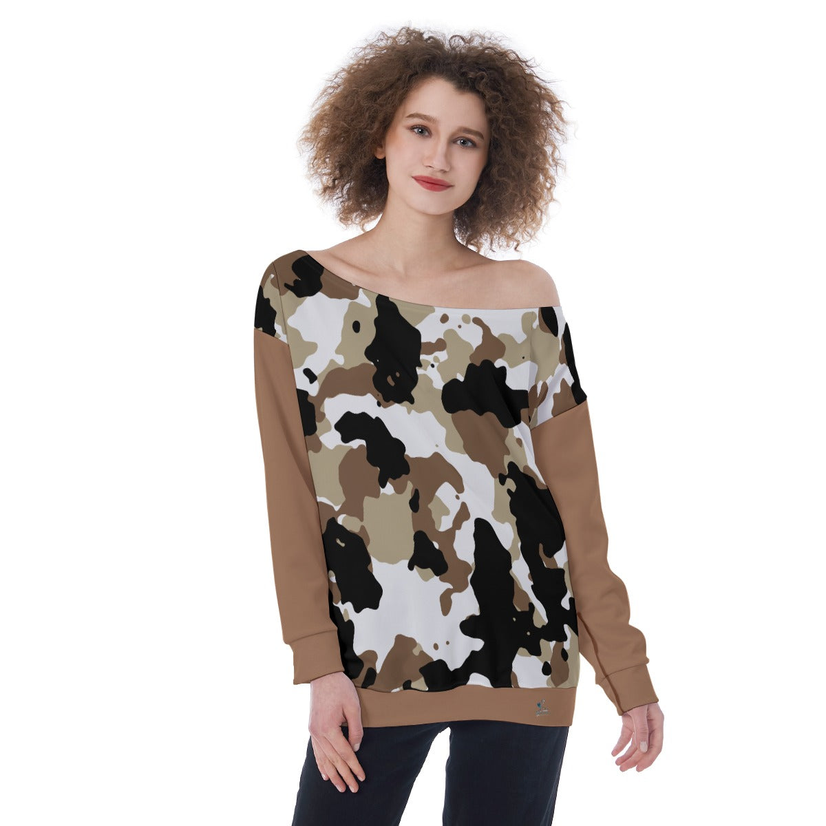 40 Couture Haute Oversized Women's Brown Camouflage Off-Shoulder Sweatshirt