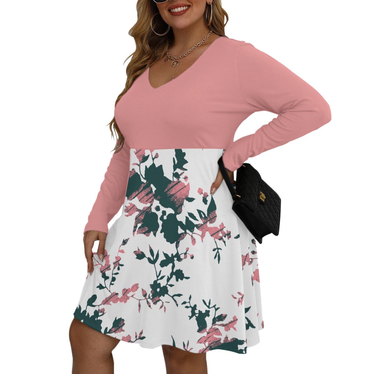 30 Couture Haute Women's Pink Floral V-neck Long Sleeve Dress(Plus Size)