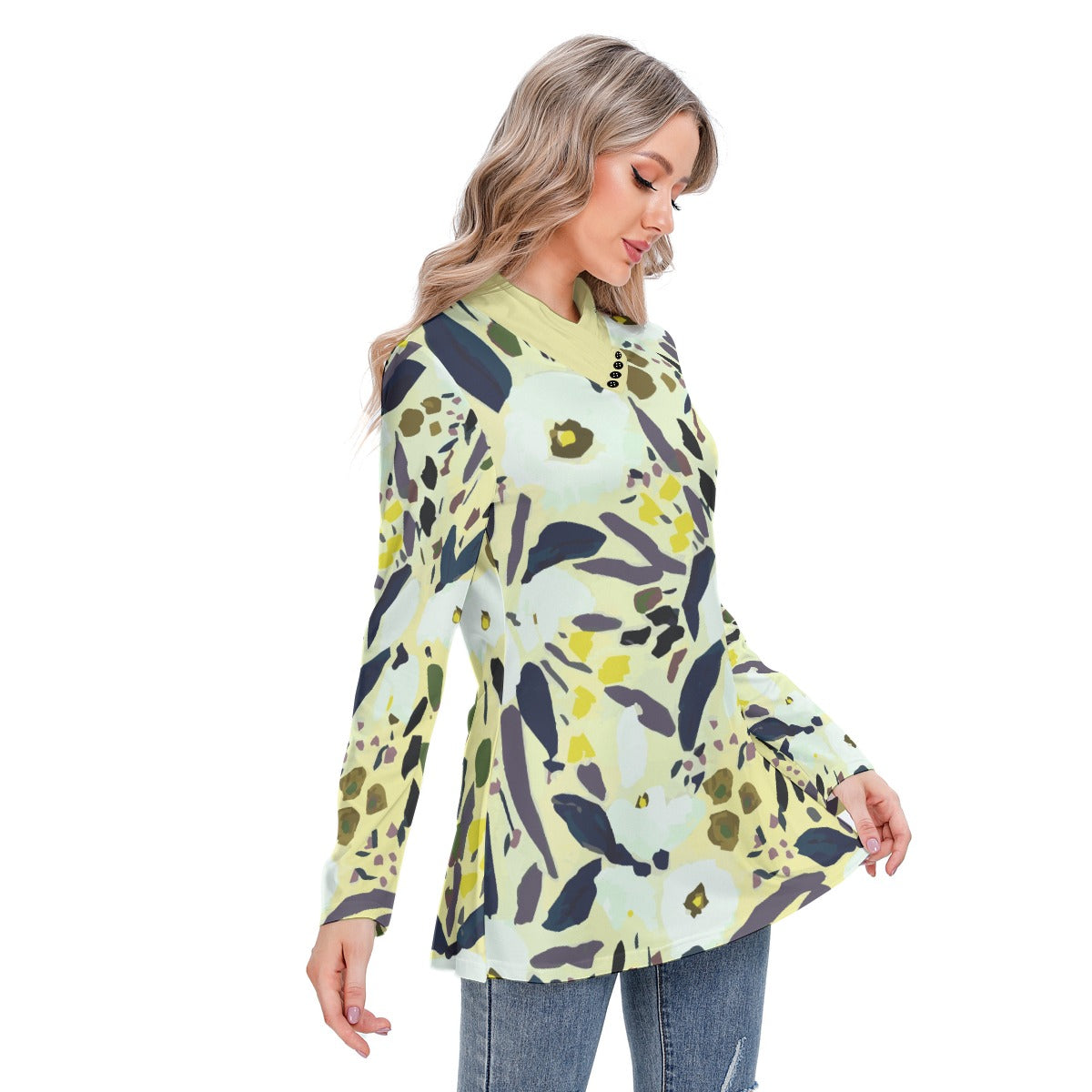 123 Couture Haute Branded Women's Multicolor Long-sleeved Heap-neck Slim Tunic Blouse