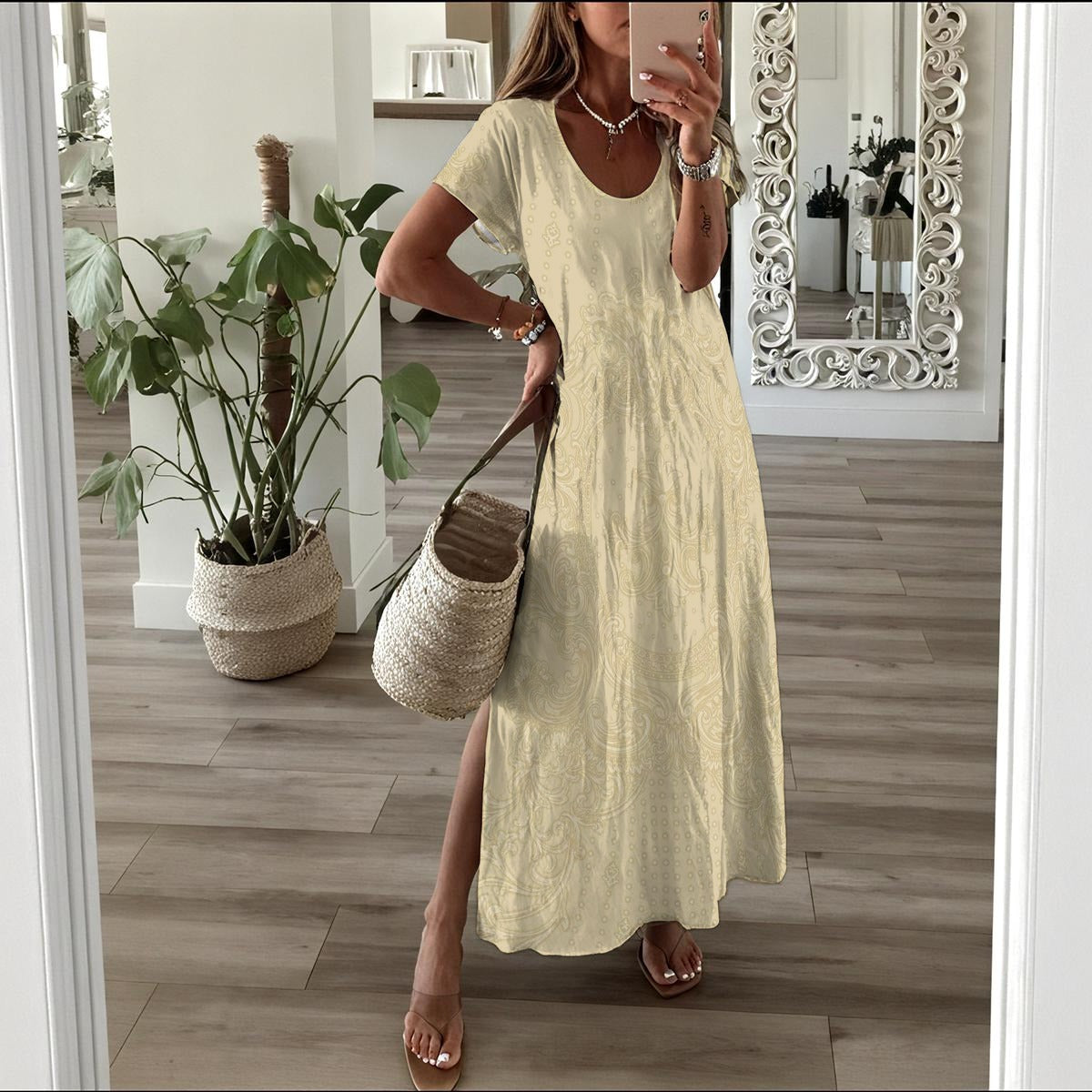 120 Couture Haute Branded Women's Beige Printed Long Dress