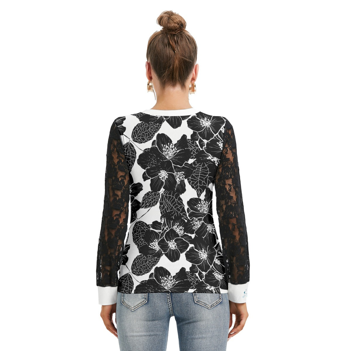 46 Couture Haute Women's Black Floral T-shirt And Sleeve With Black Lace