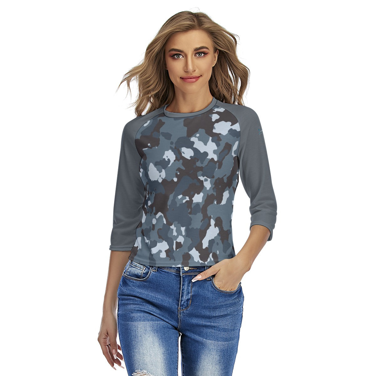 41 Couture Haute Women's Blue Camouflage Raglan Sleeves T-shirts