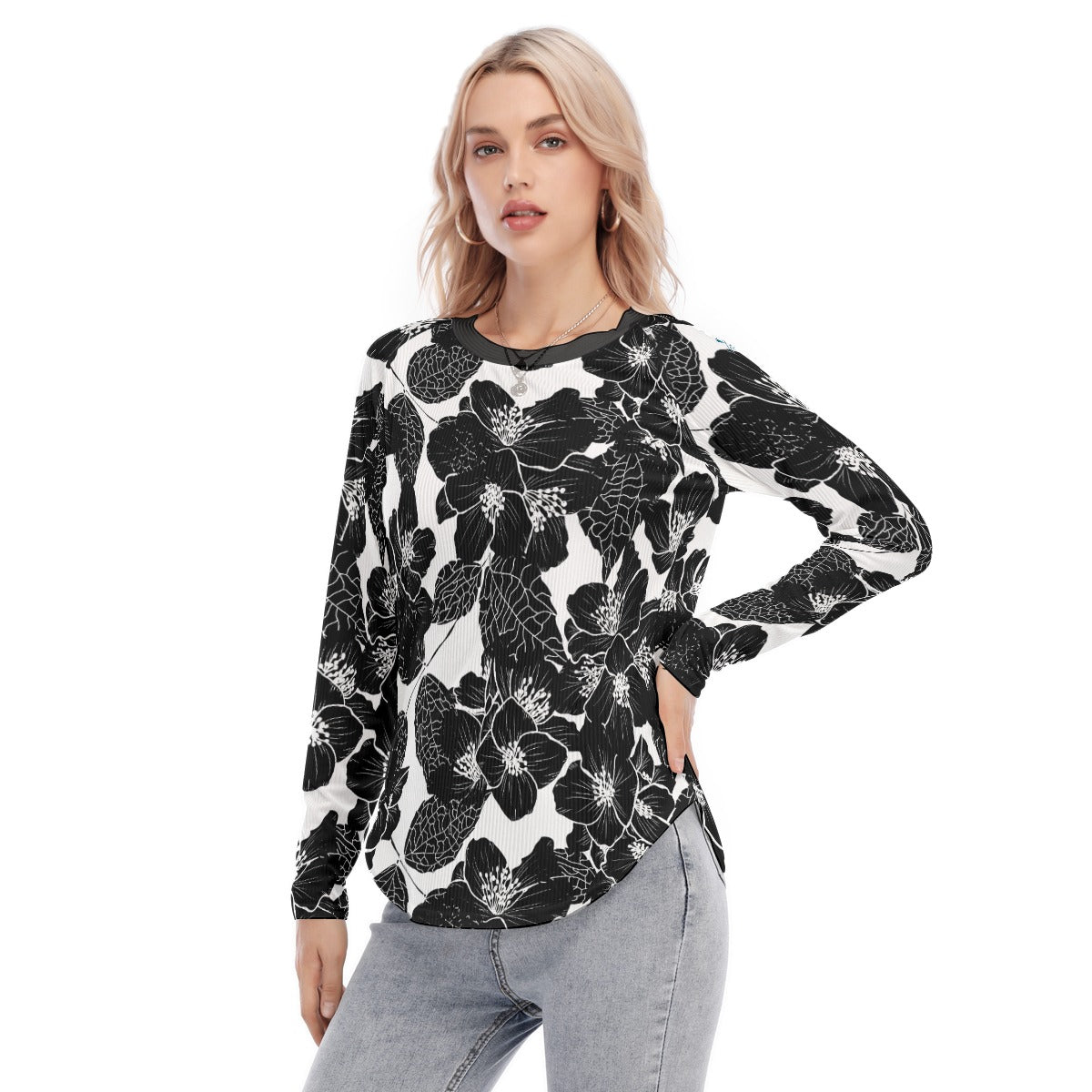 78 Couture Haute Women's Black Floral Raglan Sleeves U-Shaped Hem Long Sleeves Blouse