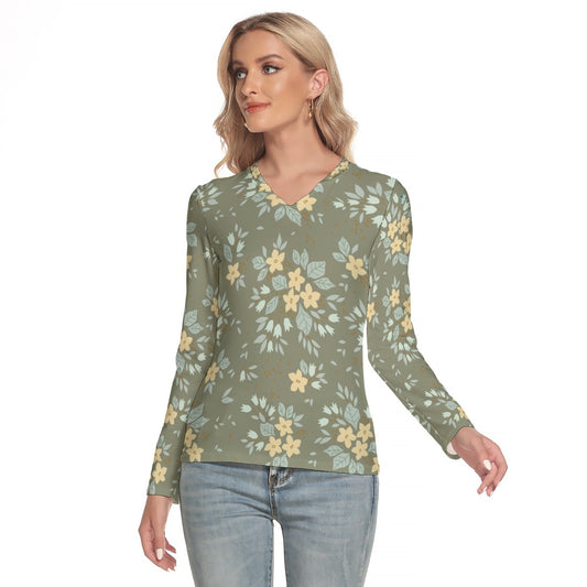 54 Couture Haute Women's Green Floral V-Neck Long Sleeves T-Shirt