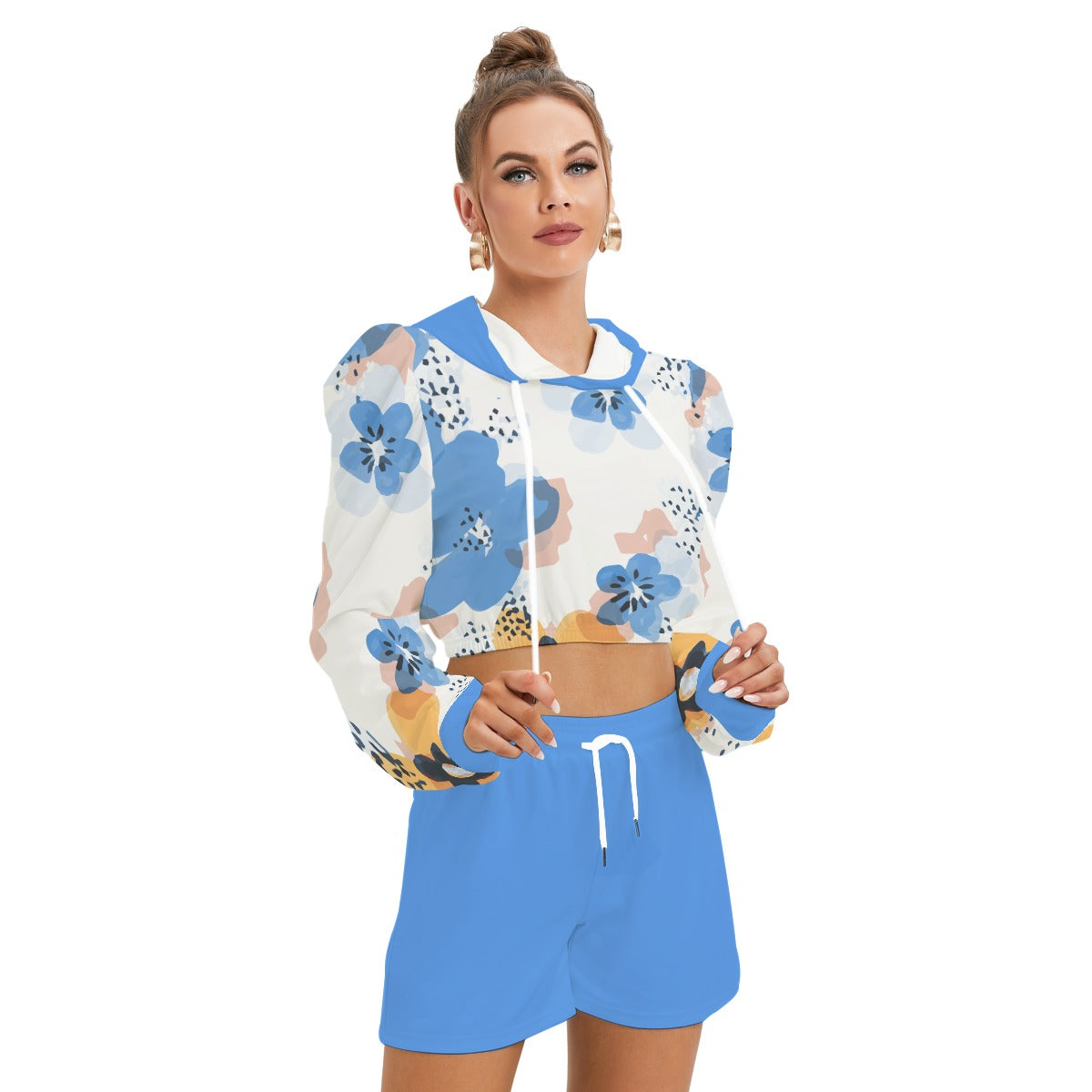 126 Couture Haute Brand Women's Blue Long-Sleeve Mirco Fleece Hoodie And Shorts Set