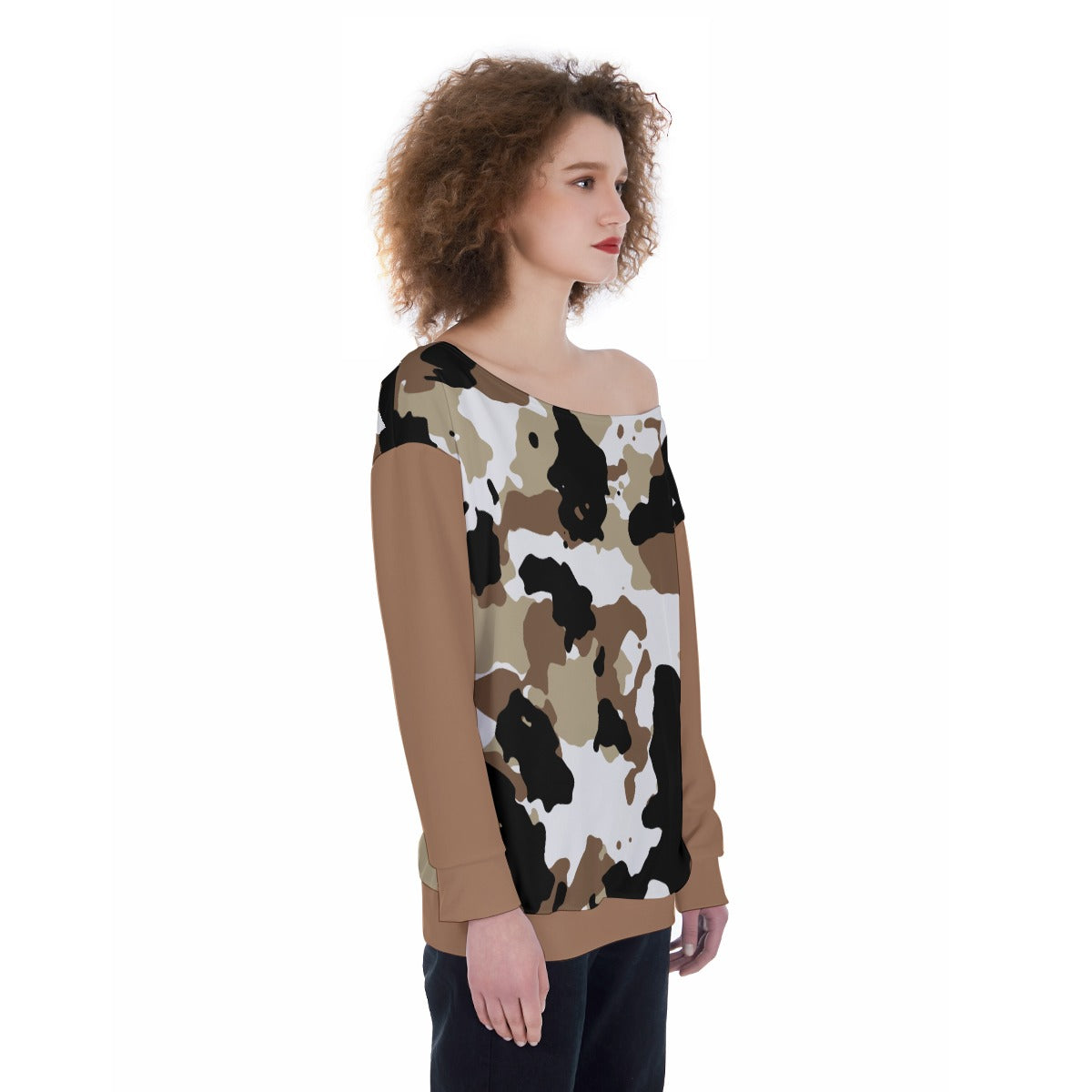 40 Couture Haute Oversized Women's Brown Camouflage Off-Shoulder Sweatshirt